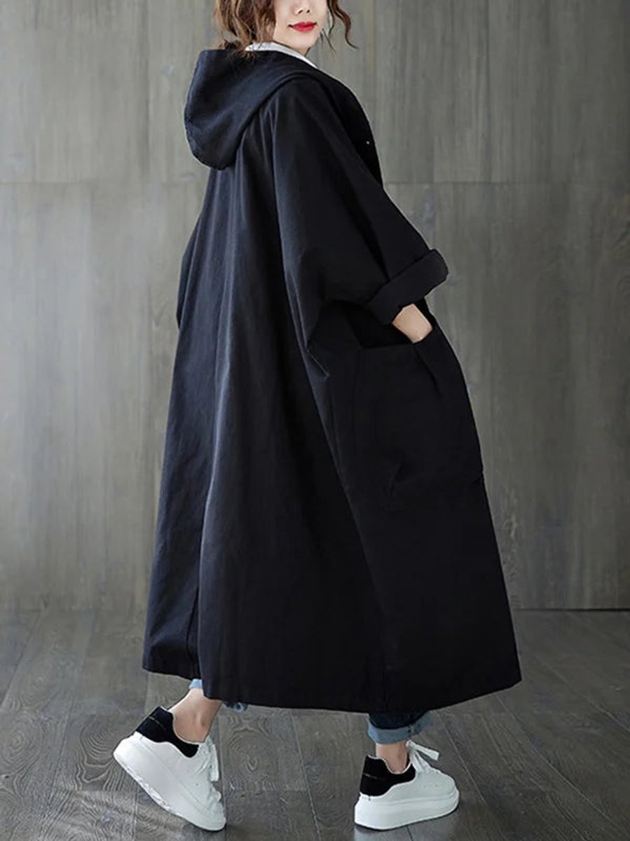 Damen Zeitloser Trenchcoat mit Kapuze in Schwarz