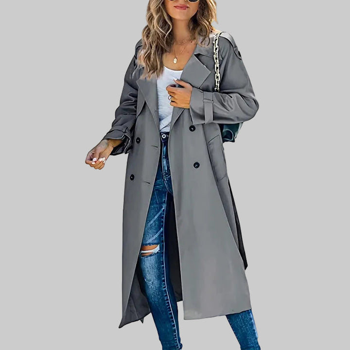 Damen Zeitloser Zweireihiger Langer Trenchcoat in Grau