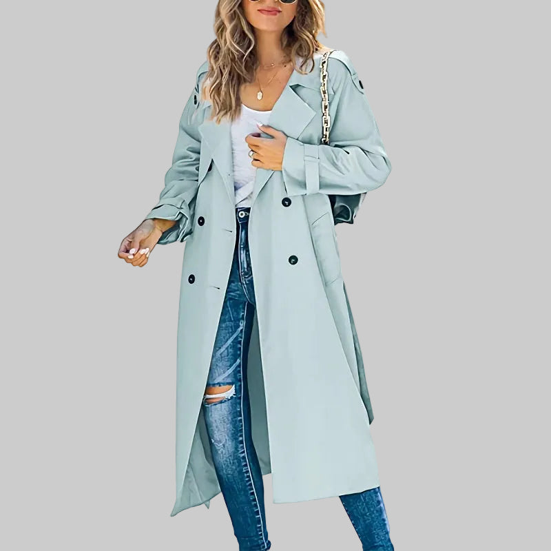Damen Zeitloser Zweireihiger Langer Trenchcoat in Hellblau