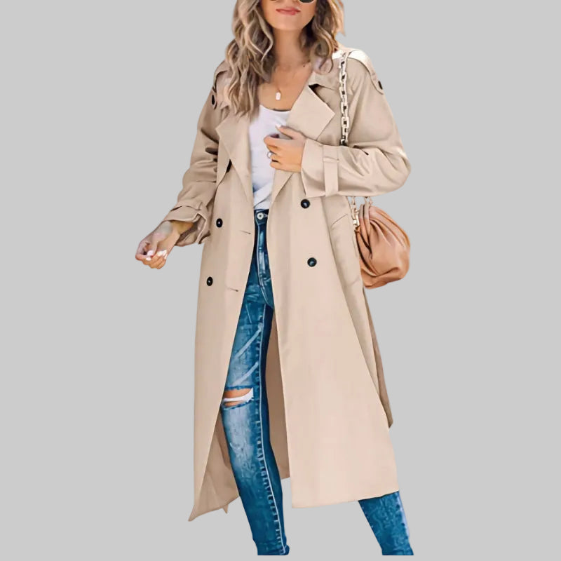 Damen Zeitloser Zweireihiger Langer Trenchcoat in Khaki