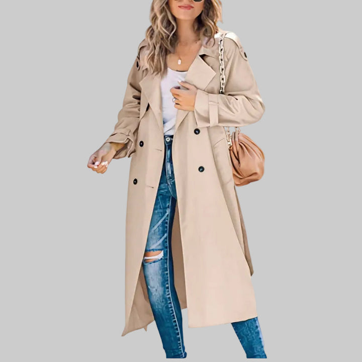 Damen Zeitloser Zweireihiger Langer Trenchcoat in Khaki
