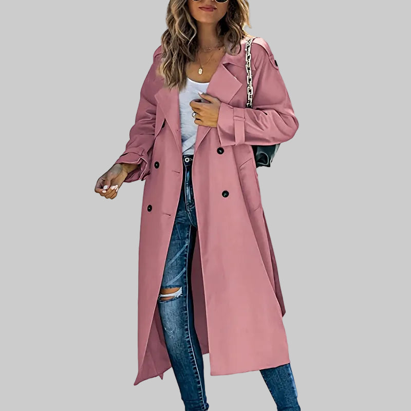 Damen Zeitloser Zweireihiger Langer Trenchcoat in Rosa