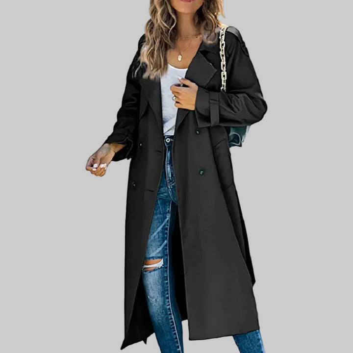 Damen Zeitloser Zweireihiger Langer Trenchcoat in Schwarz