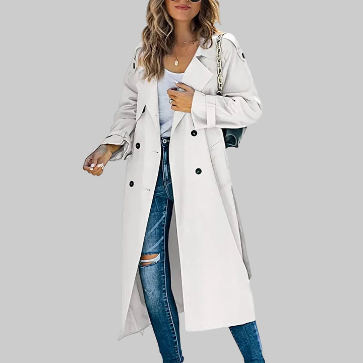 Damen Zeitloser Zweireihiger Langer Trenchcoat in Weiß