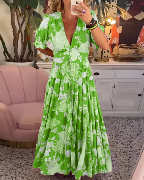 Damen Zeitloses Blumen Sommerkleid in Grün