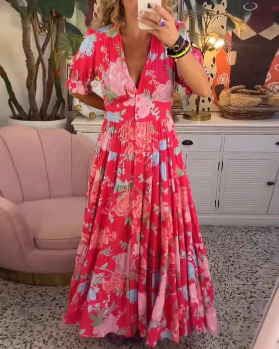 Damen Zeitloses Blumen Sommerkleid in Rot