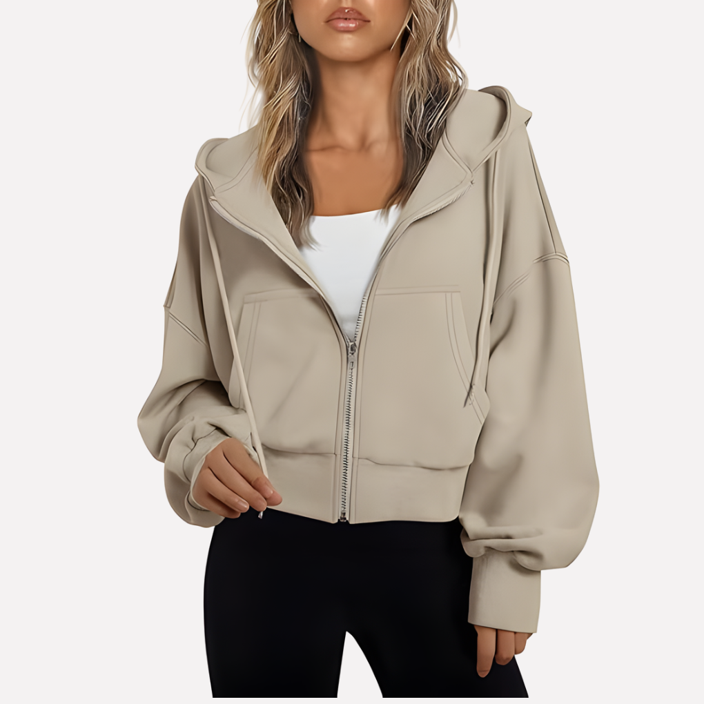Damen Zip-Hoodie Cropped mit lockerer Passform in Beige