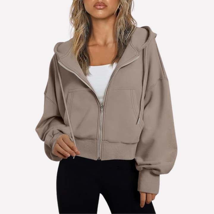 Damen Zip-Hoodie Cropped mit lockerer Passform in Braun