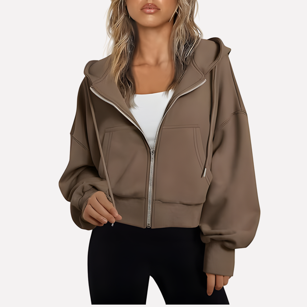 Damen Zip-Hoodie Cropped mit lockerer Passform in Dunkelgrau