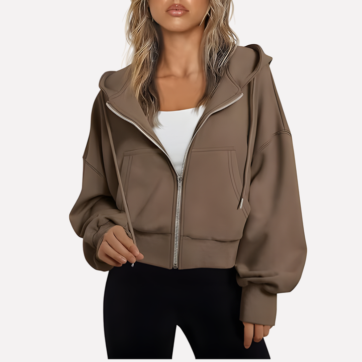 Damen Zip-Hoodie Cropped mit lockerer Passform in Dunkelgrau