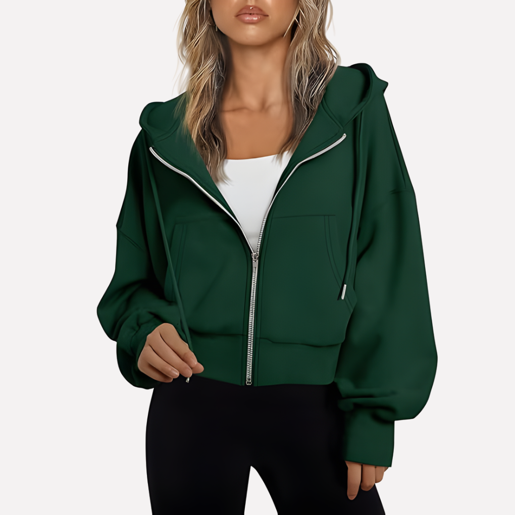 Damen Zip-Hoodie Cropped mit lockerer Passform in Dunkelgrün
