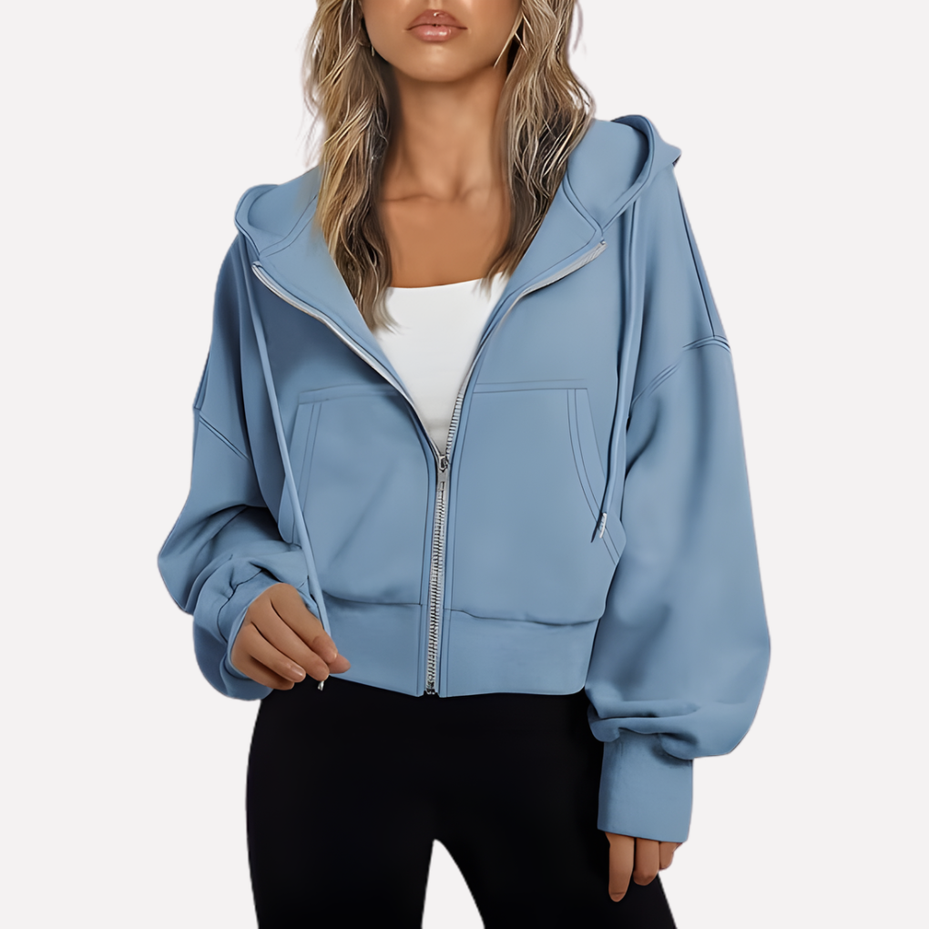 Damen Zip-Hoodie Cropped mit lockerer Passform in Hellblau