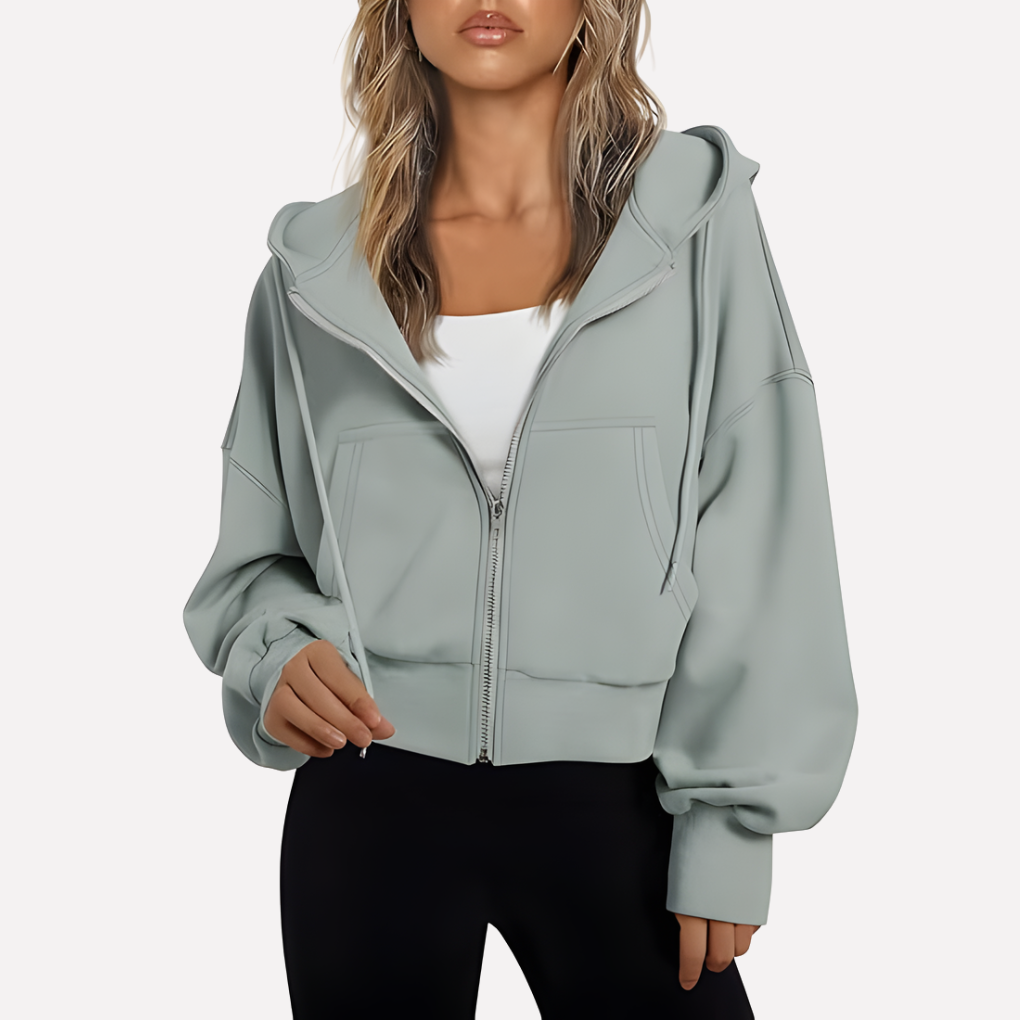 Damen Zip-Hoodie Cropped mit lockerer Passform in Hellgrau