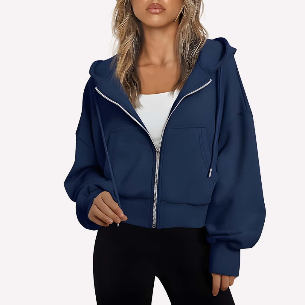 Damen Zip-Hoodie Cropped mit lockerer Passform in Marineblau