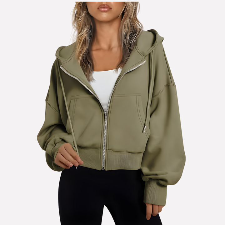 Damen Zip-Hoodie Cropped mit lockerer Passform in Olivgrün