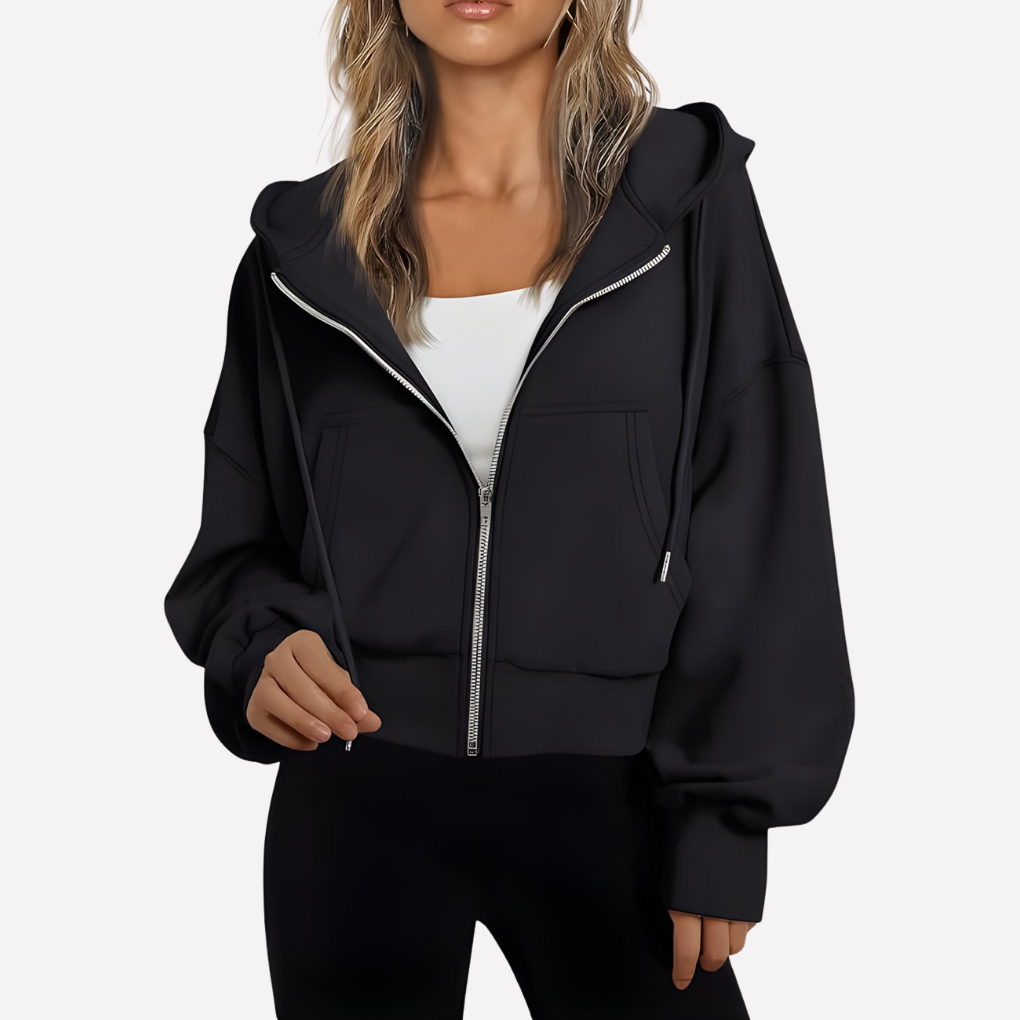 Damen Zip-Hoodie Cropped mit lockerer Passform in Schwarz
