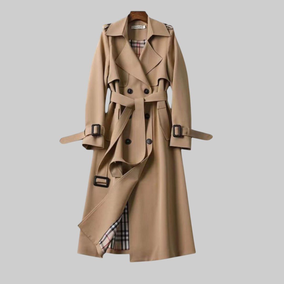 Damen Zweireihiger Trenchcoat Longline mit Gürtel in Beige