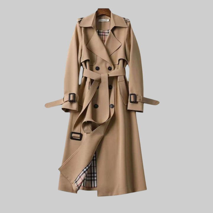Damen Zweireihiger Trenchcoat Longline mit Gürtel in Beige