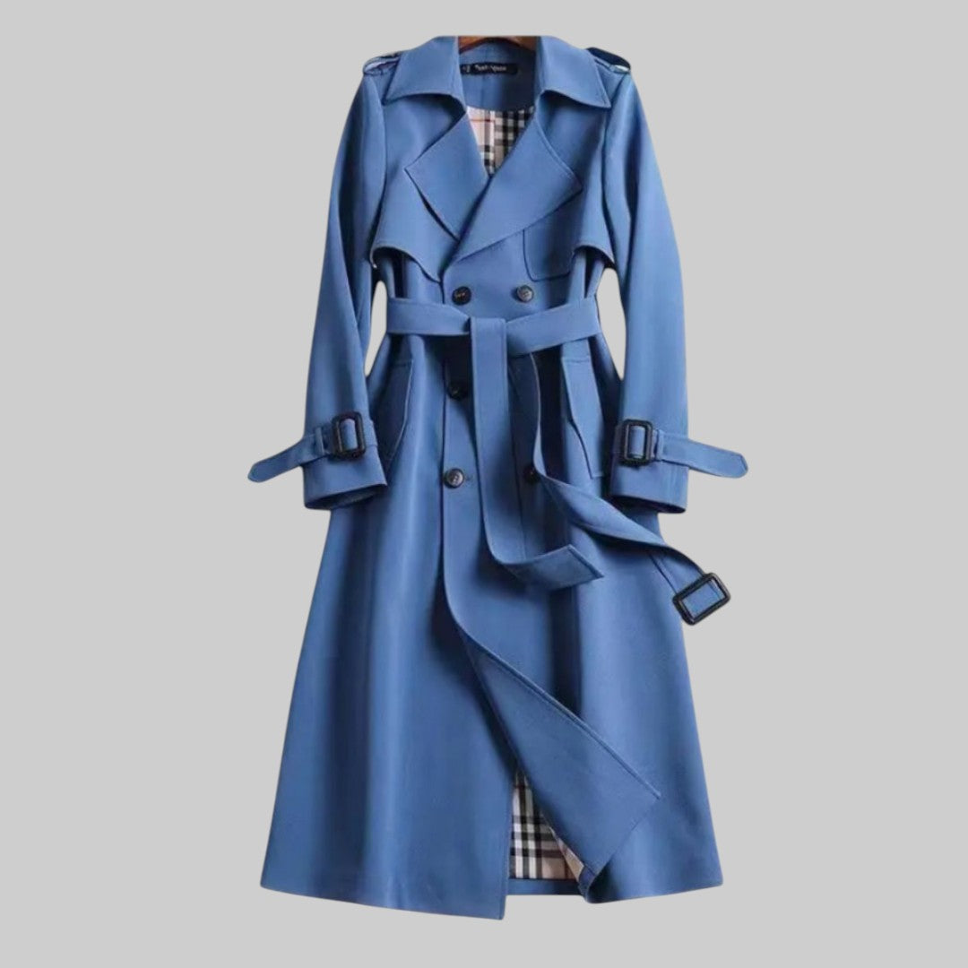 Damen Zweireihiger Trenchcoat Longline mit Gürtel in Blau