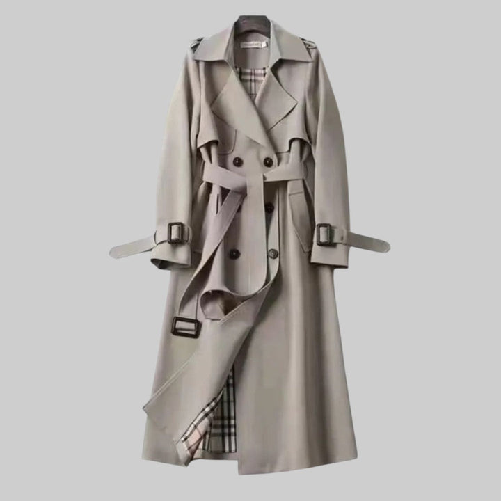 Damen Zweireihiger Trenchcoat Longline mit Gürtel in Grau