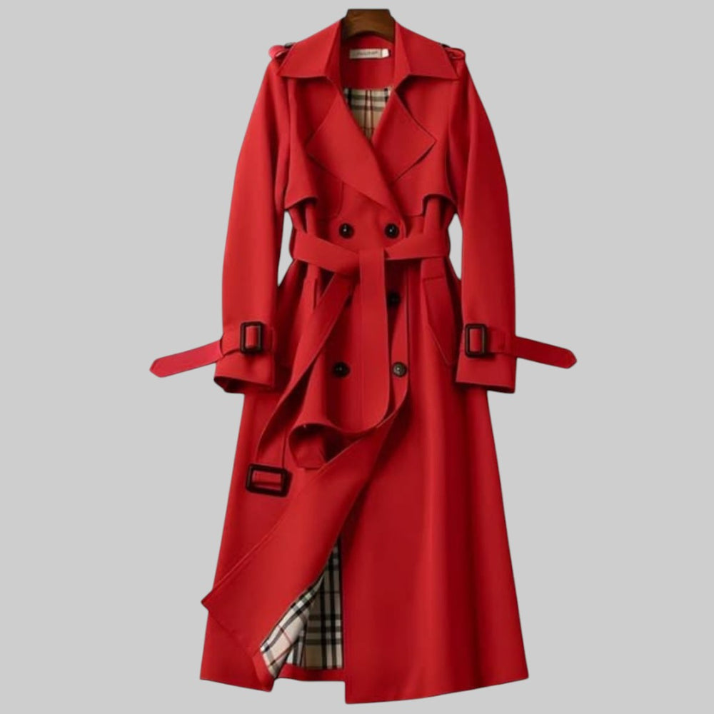 Damen Zweireihiger Trenchcoat Longline mit Gürtel in Rot