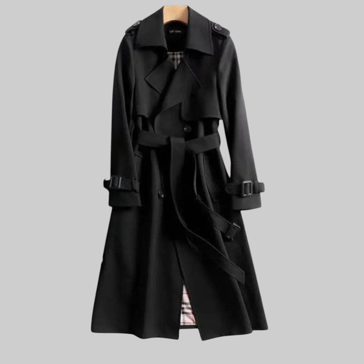 Damen Zweireihiger Trenchcoat Longline mit Gürtel in Schwarz