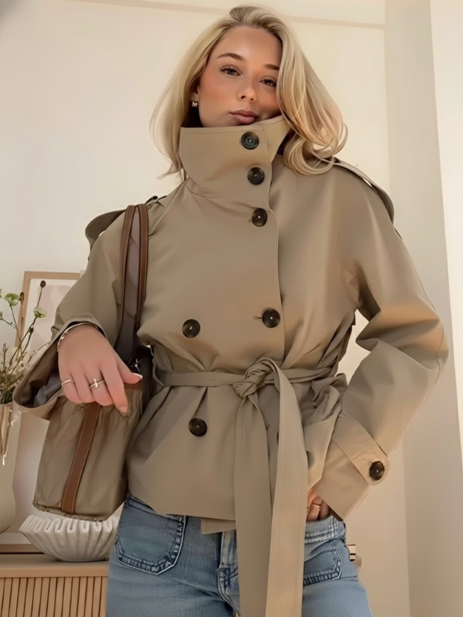 Damen Zweireihiger Trenchcoat mit Gürtel in Khaki 2