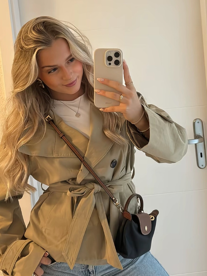 Damen Zweireihiger Trenchcoat mit Gürtel in Khaki 3