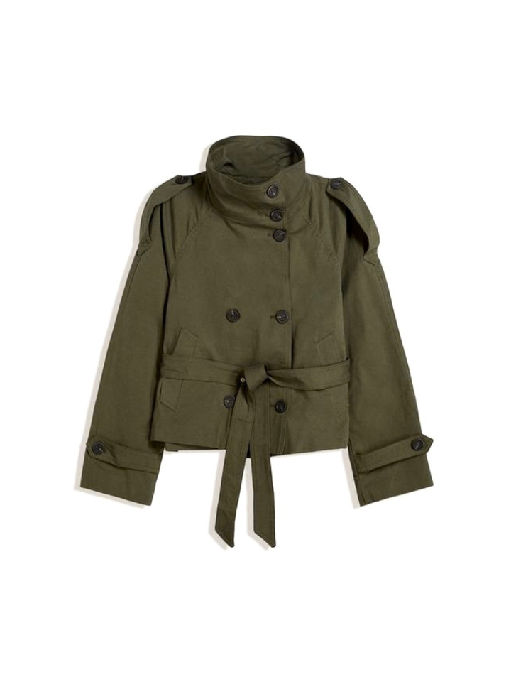 Damen Zweireihiger Trenchcoat mit Gürtel in Olivgrün