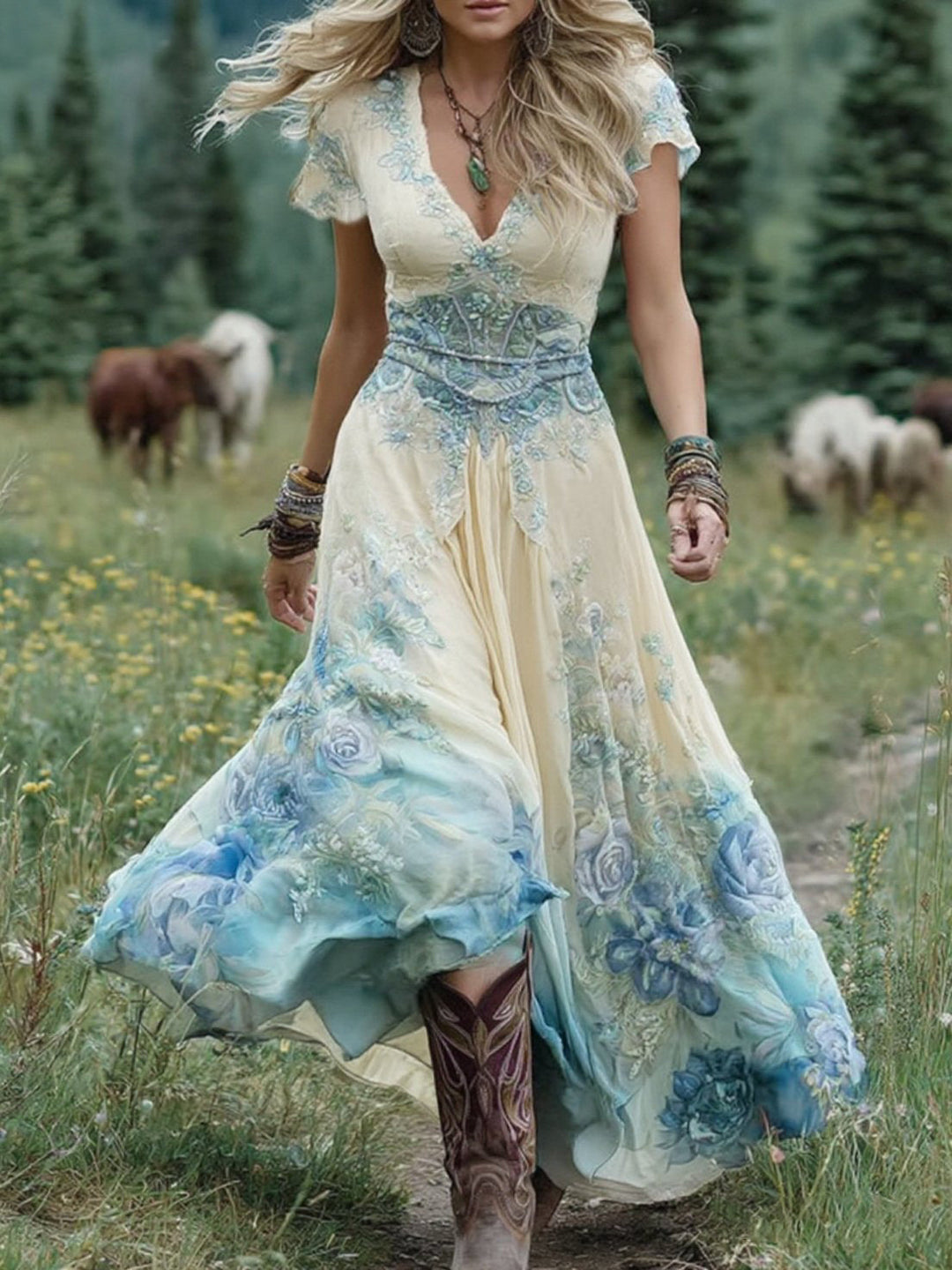 Aurelia Blumen Maxikleid mit V-Ausschnitt foto 3