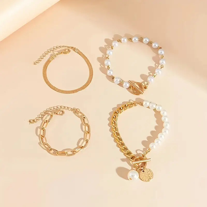 Elegantes 4-teiliges Goldfarbenes Armband-Set – Schlange, und Glieder