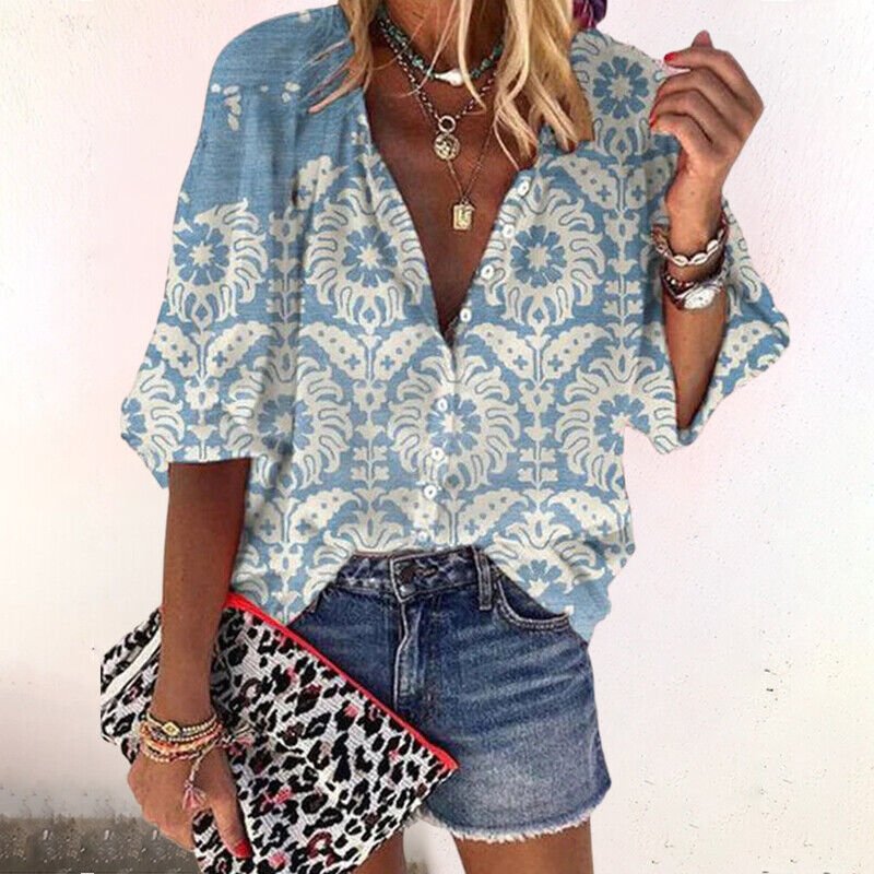 Elegante Boho-Bluse mit V-Ausschnitt in Blau
