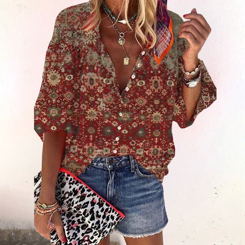 Elegante Boho-Bluse mit V-Ausschnitt in Braun