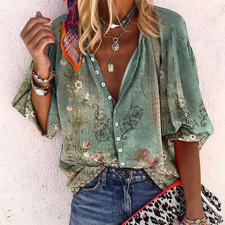 Elegante Boho-Bluse mit V-Ausschnitt in Grün
