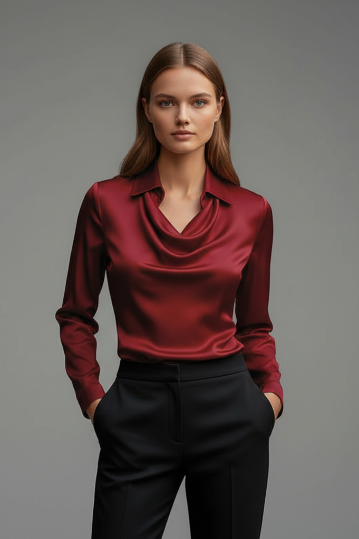 Elegante Damen Bluse in Satin mit Drapierung in Bordeaux