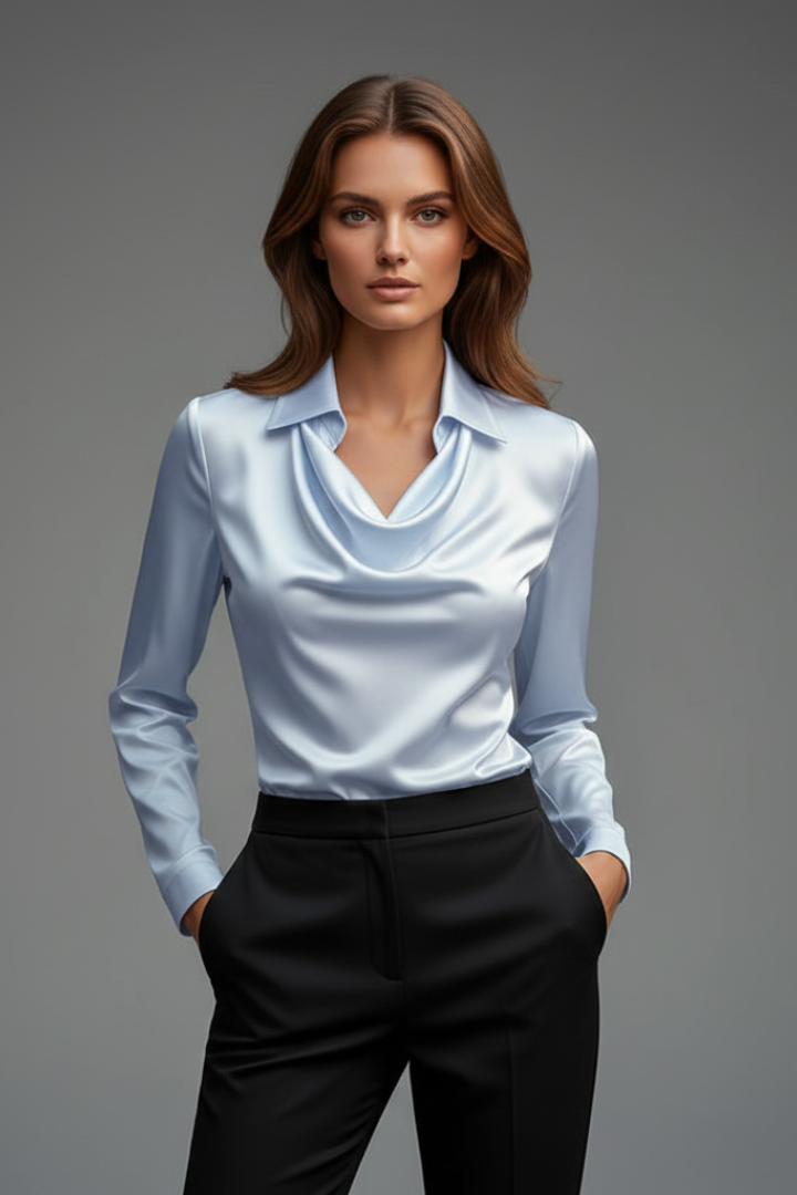 Elegante Damen Bluse in Satin mit Drapierung in Hellblau