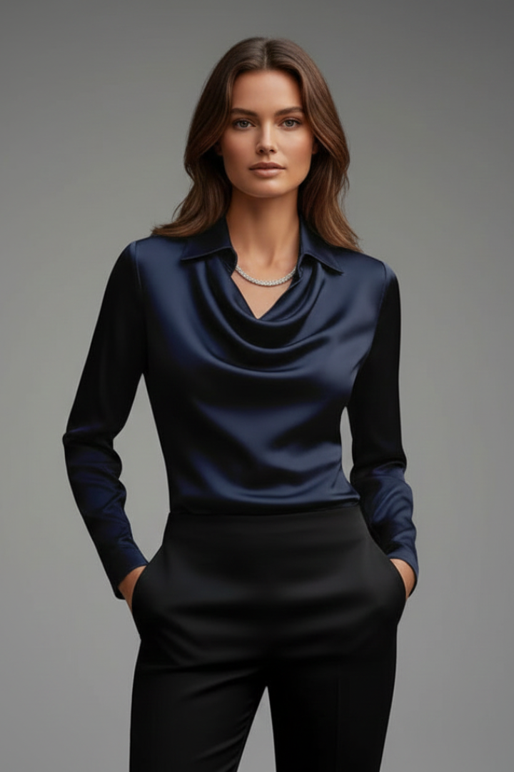 Elegante Damen Bluse in Satin mit Drapierung in Marineblau