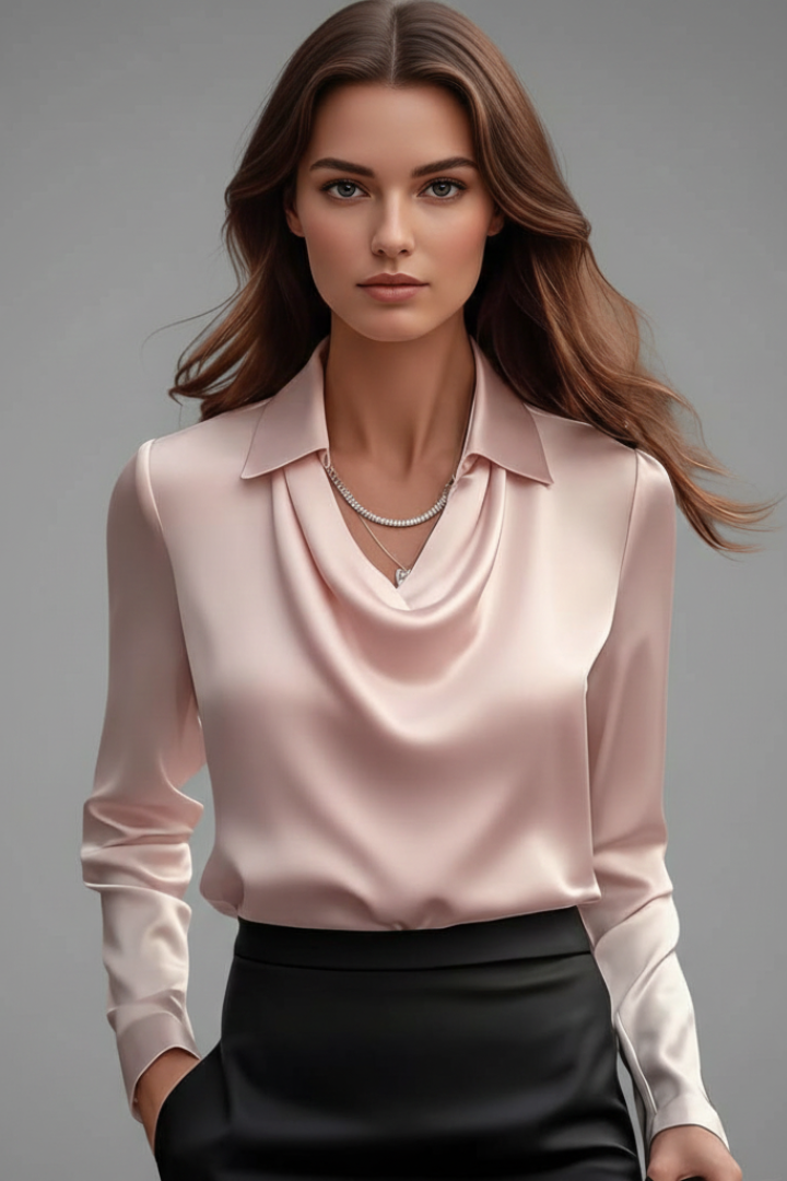 Elegante Damen Bluse in Satin mit Drapierung in Rosa