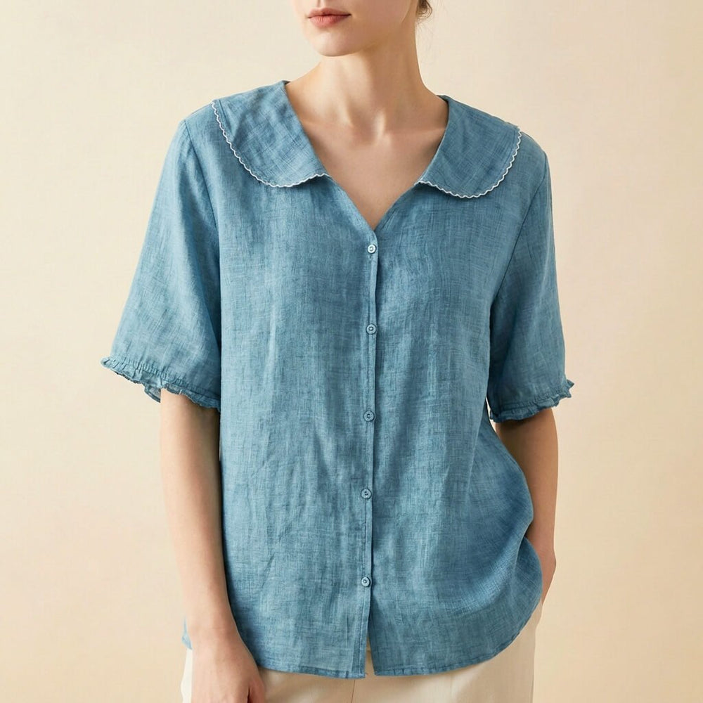 Elegante Damen Bluse mit Leinenmix in Sky Blue