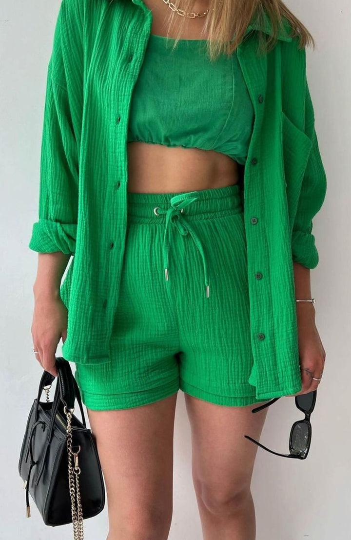 Elegante Damen Bluse mit passendem Shorts-Set in Grün 2