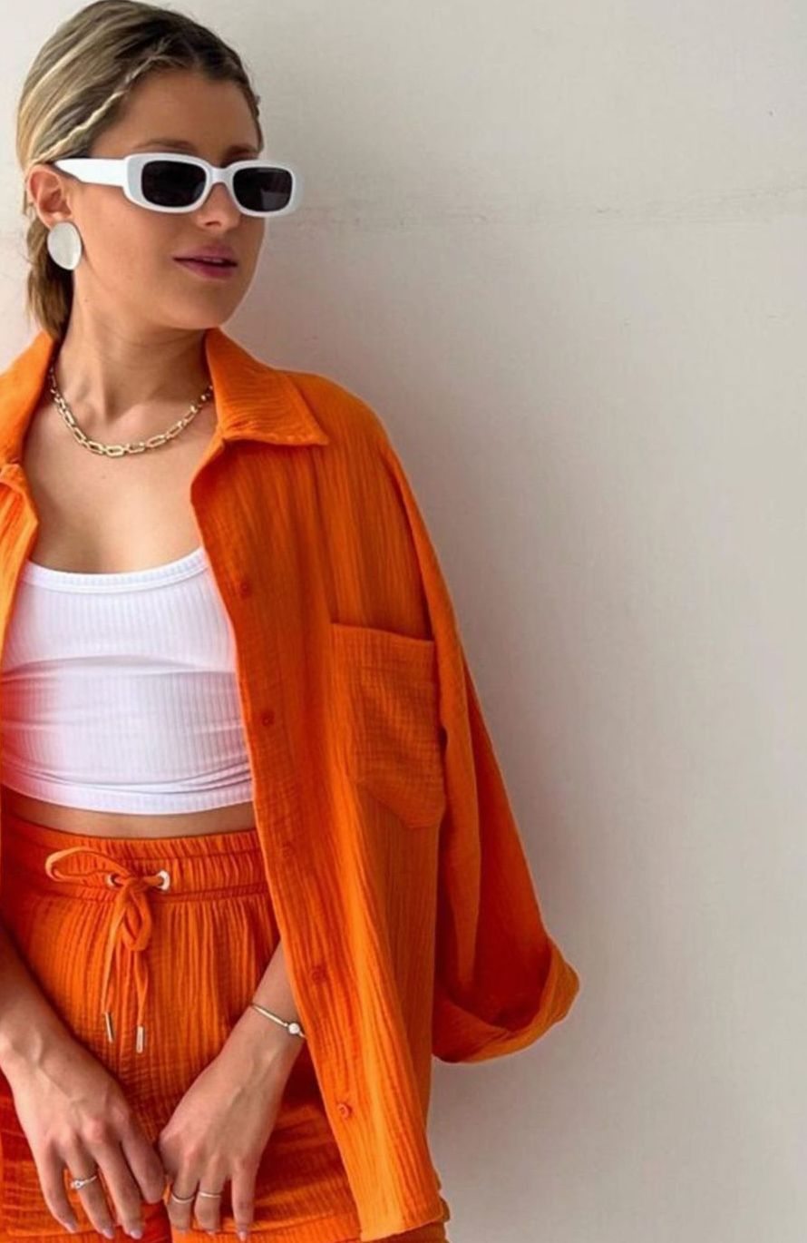 Elegante Damen Bluse mit passendem Shorts-Set in Orange 2