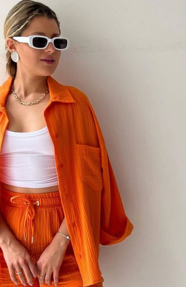 Elegante Damen Bluse mit passendem Shorts-Set in Orange 2
