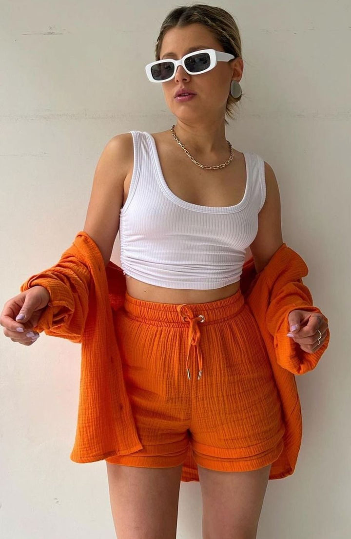 Elegante Damen Bluse mit passendem Shorts-Set in Orange 3