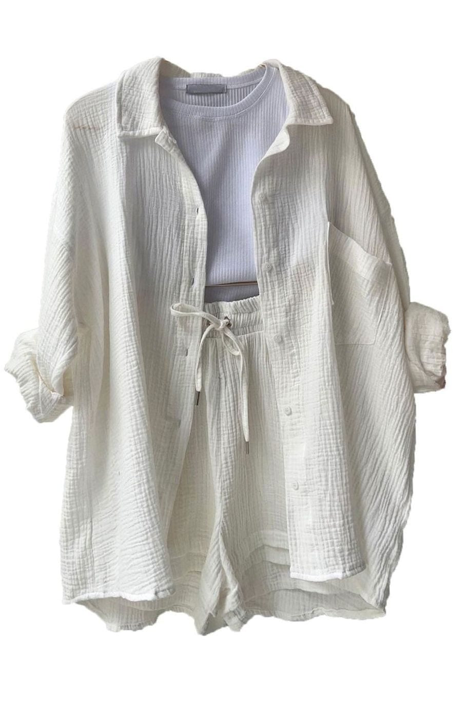 Elegante Damen Bluse mit passendem Shorts-Set in Weiß 1
