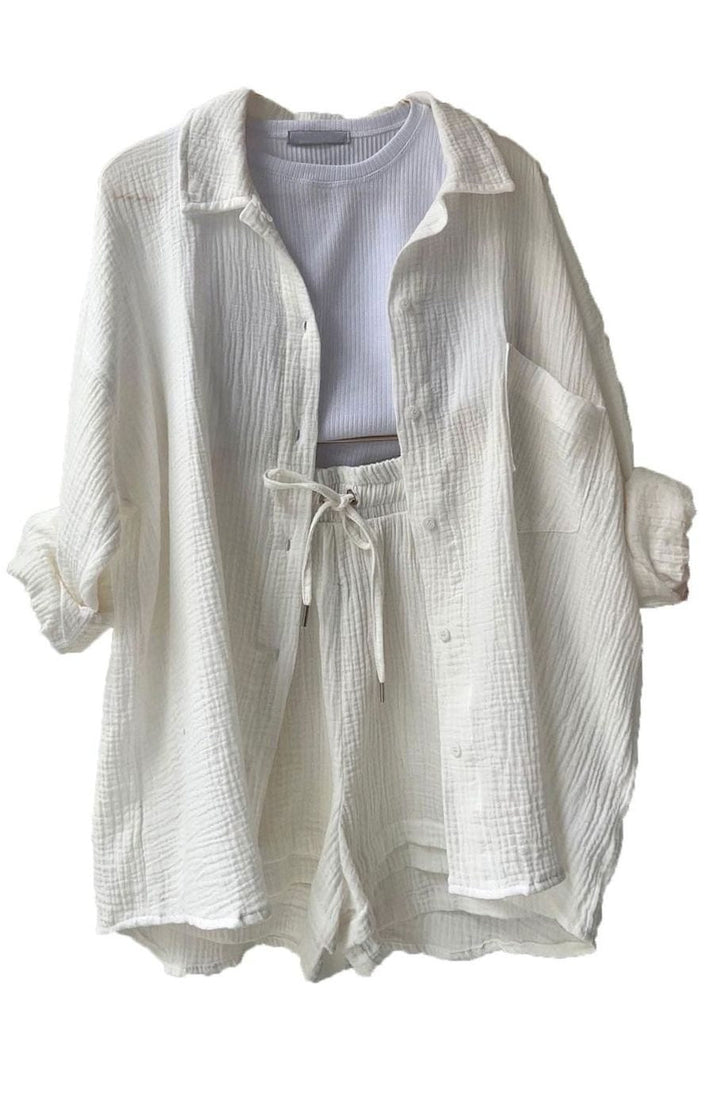 Elegante Damen Bluse mit passendem Shorts-Set in Weiß 1