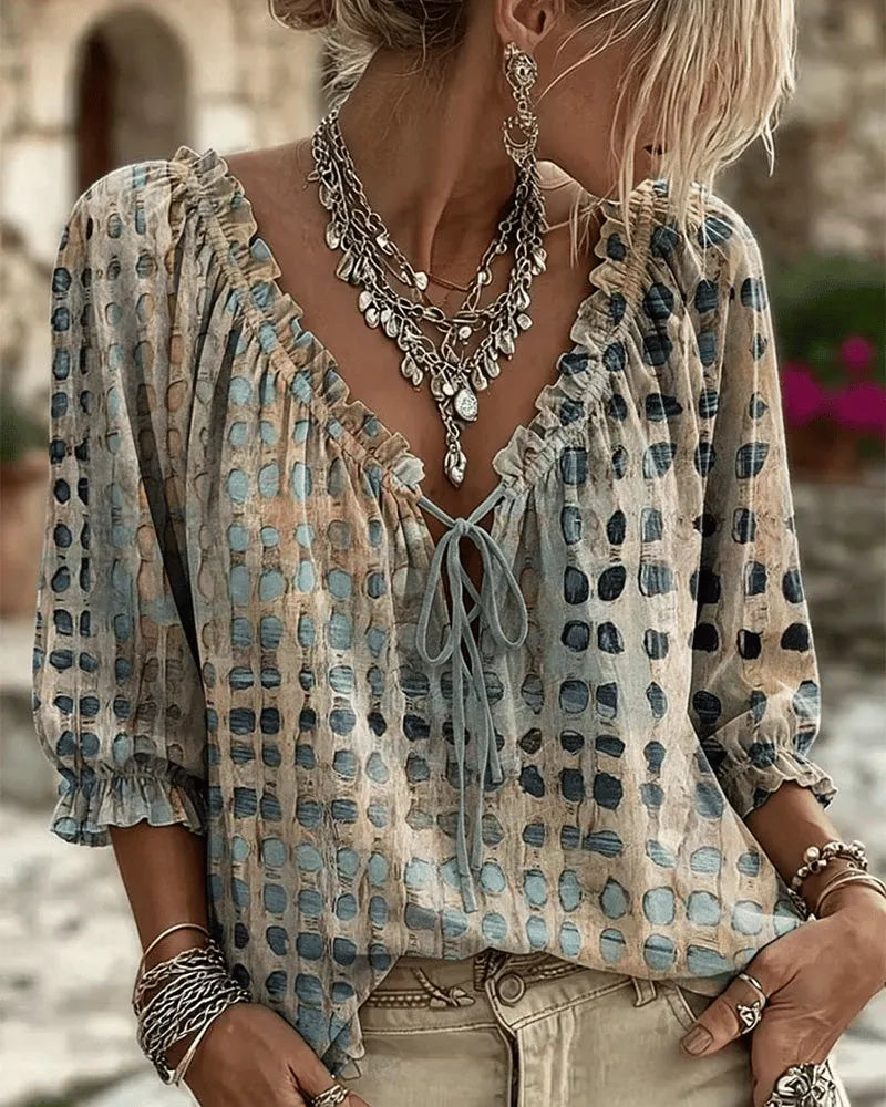 Elegante Damen Bluse mit Puffärmeln und Punkten in Blau