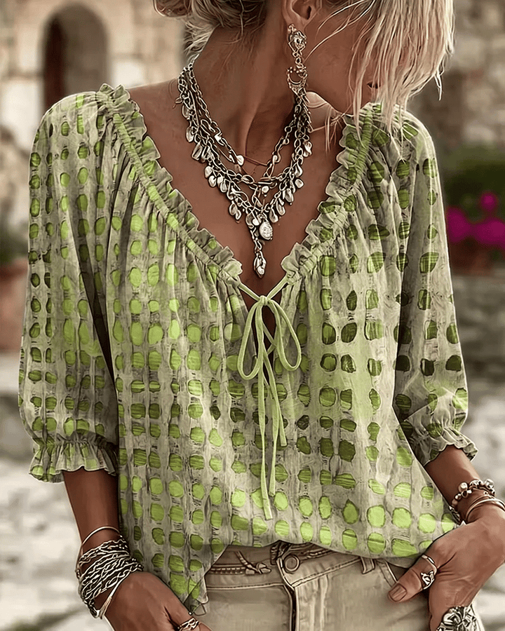 Elegante Damen Bluse mit Puffärmeln und Punkten in Grün
