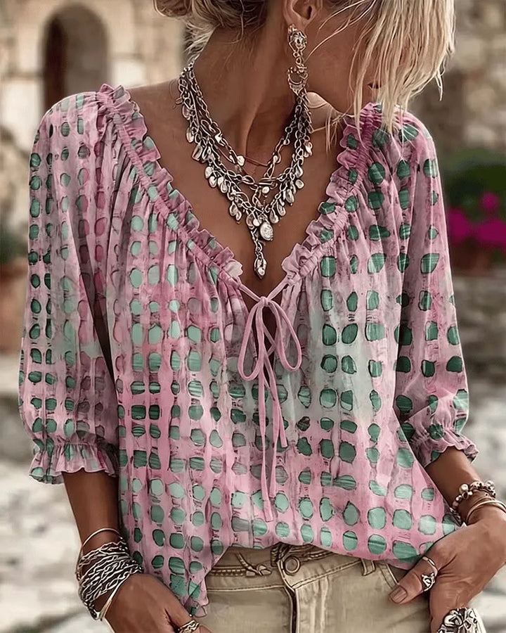 Elegante Damen Bluse mit Puffärmeln und Punkten in Rosa