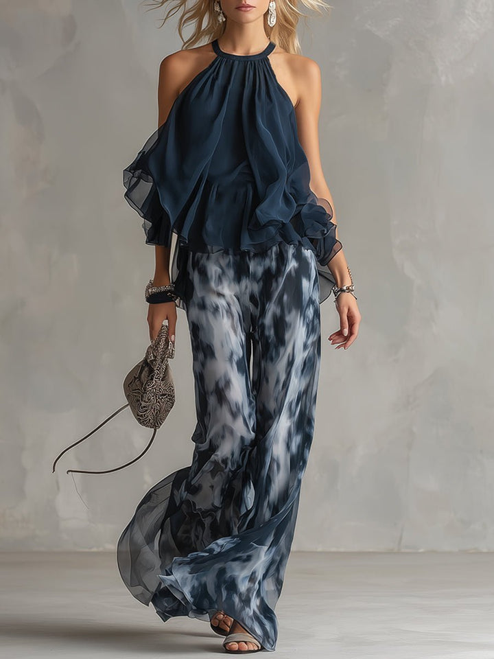 Elegante Damen Bluse mit Rüschen im Set in Marineblau
