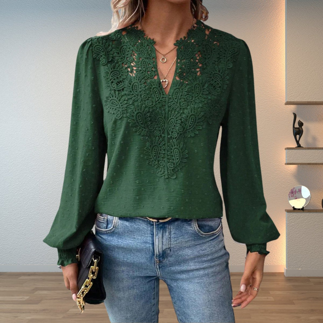 Elegante Damen Bluse mit Spitze im Vintage-Stil in Dunkelgrün